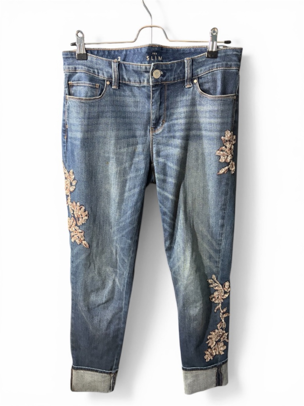 White House Black Market Blue Slim Ankle Jeans with Gold Floral Sequins